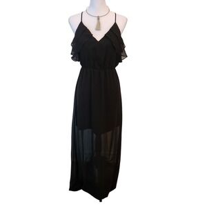 BCBG Generation Black Maxi Dress Ruffle Sheer Bottom V Neck Sleeveless‎ Maxi NWT